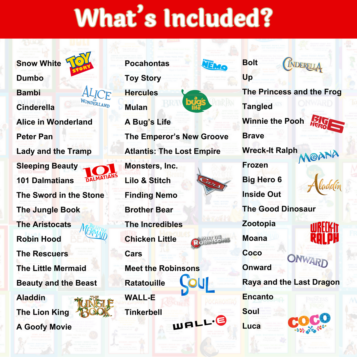 Disney Dinner and a Movie Night Menus and Movie Tickets Set of 56 Unique Disney Movies