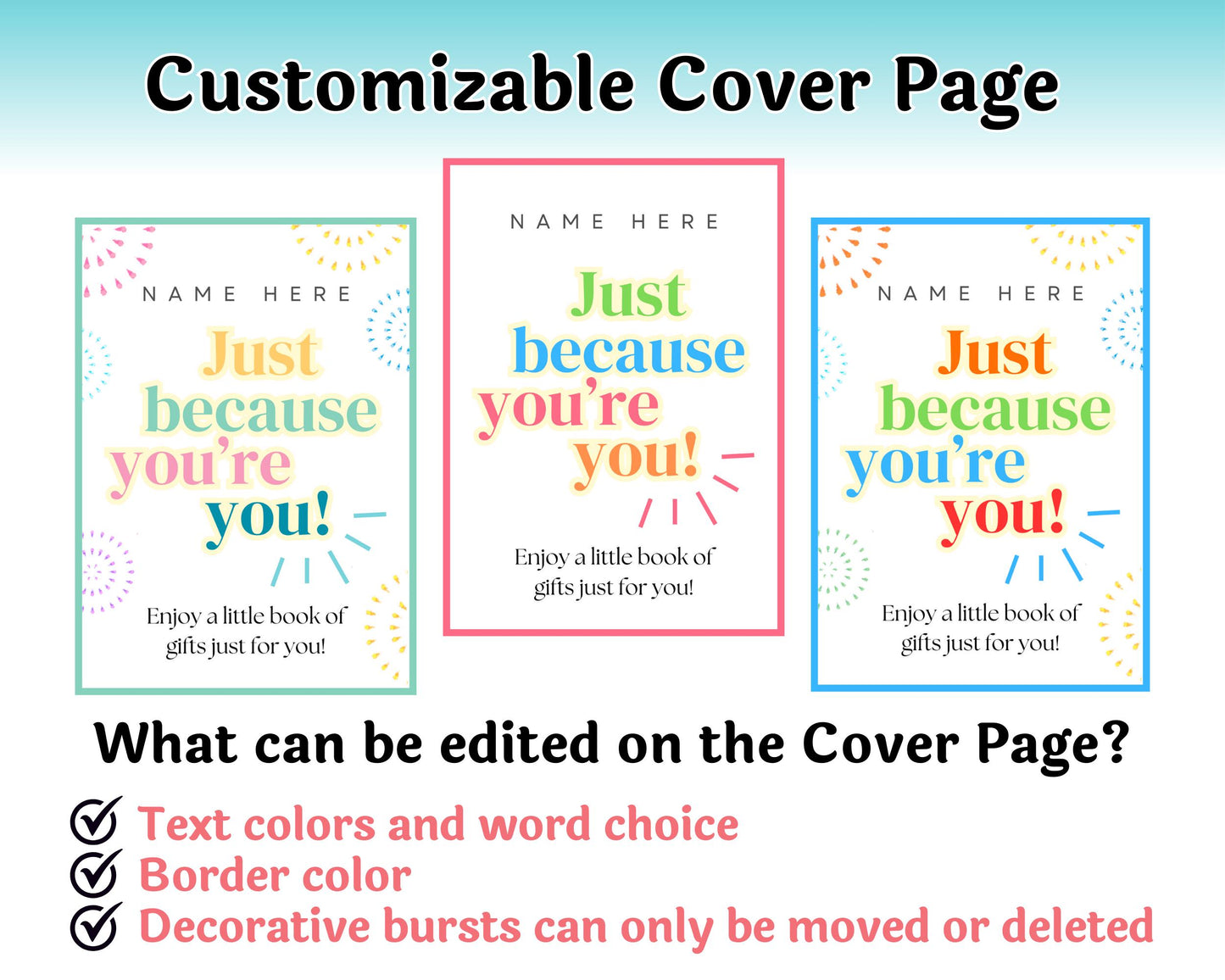 Customizable cover page design with text and border color options on a blue background.