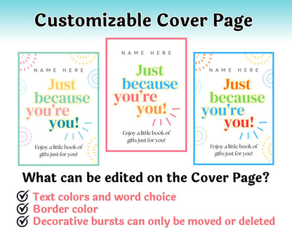 Customizable cover page design with text and border color options on a blue background.