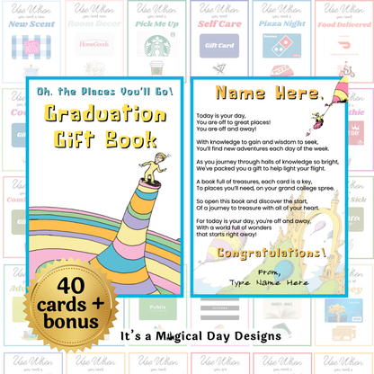 Editable Dr. Seuss Places You'll Go Graduation Gift Card Book  — Instant Download