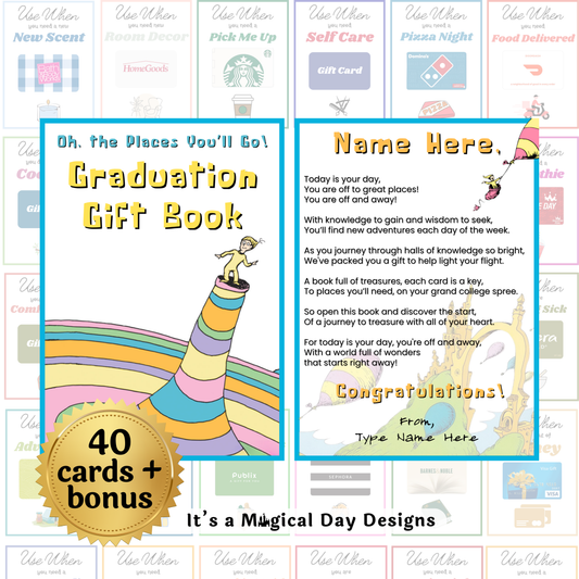 Editable Dr. Seuss Places You'll Go Graduation Gift Card Book  — Instant Download