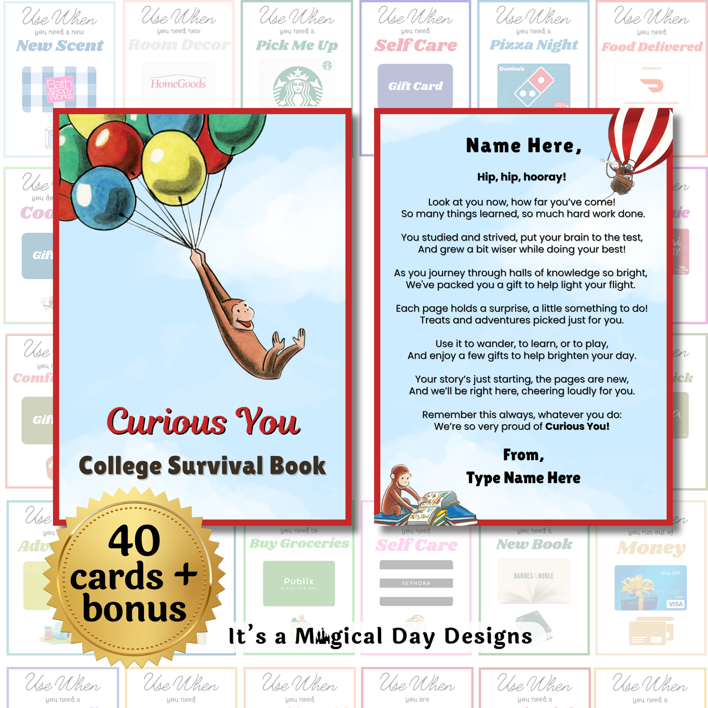 Editable Curious You College Survival Gift Card Book — Instant Download