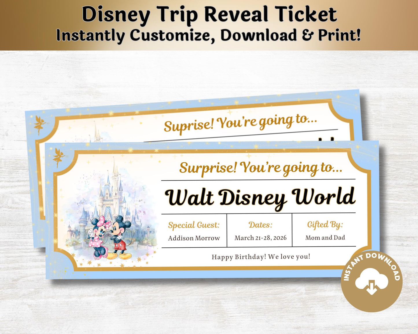 Editable Disney Trip Reveal Mickey and Minnie Theme Park Tickets