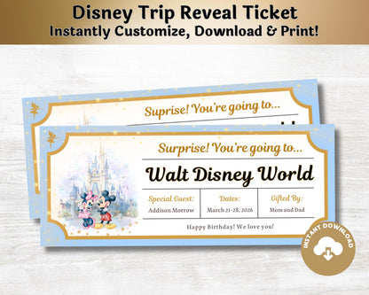 Editable Disney Trip Reveal Mickey and Minnie Theme Park Tickets