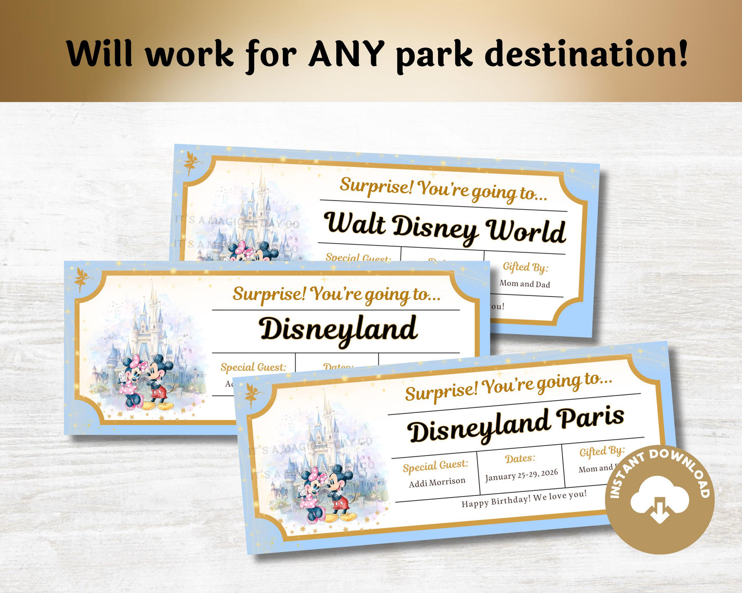 Editable Disney Trip Reveal Mickey and Minnie Theme Park Tickets