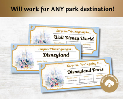 Editable Disney Trip Reveal Mickey and Minnie Theme Park Tickets
