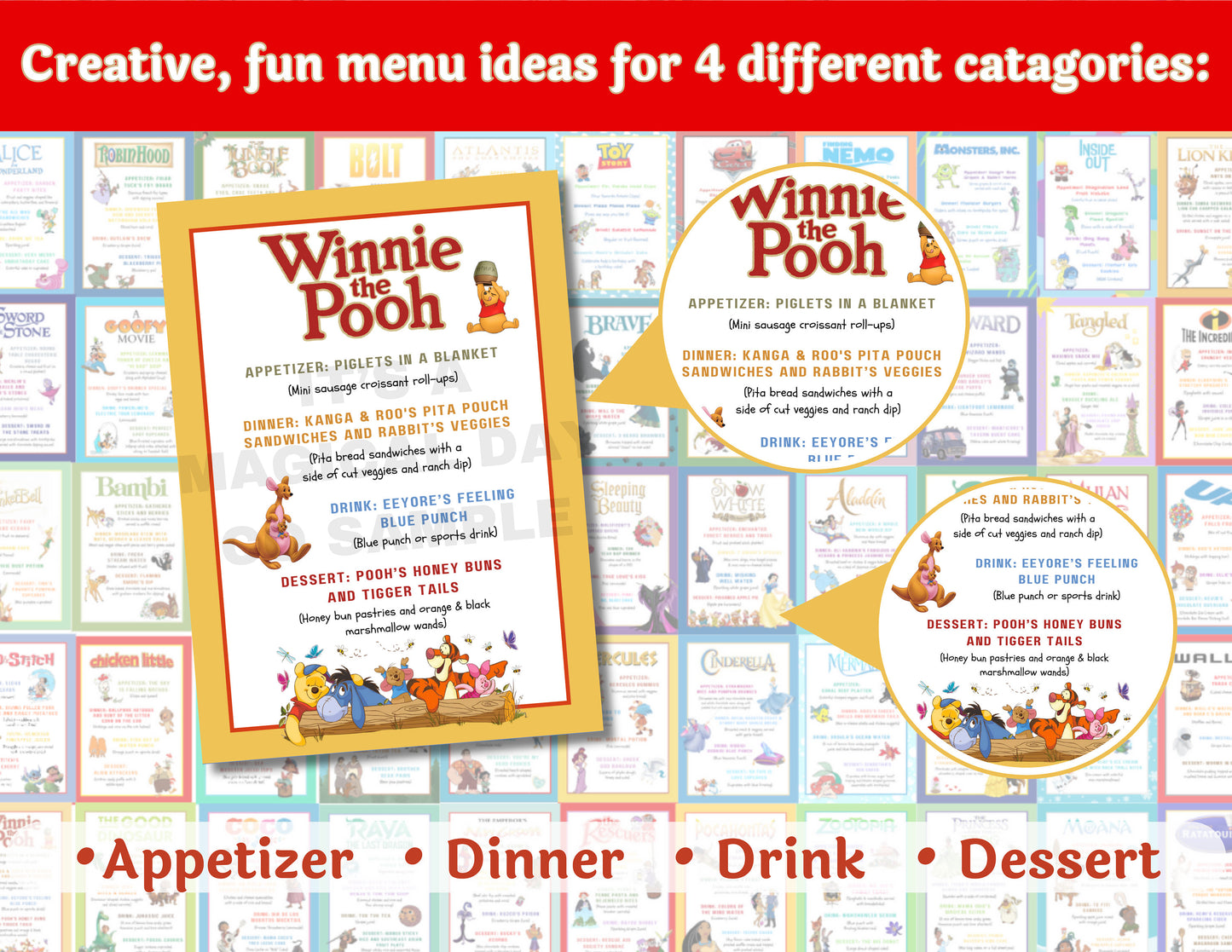 Animated Disney Classics Dinner and a Movie Night Menus Set of 56 Unique Movie Menus