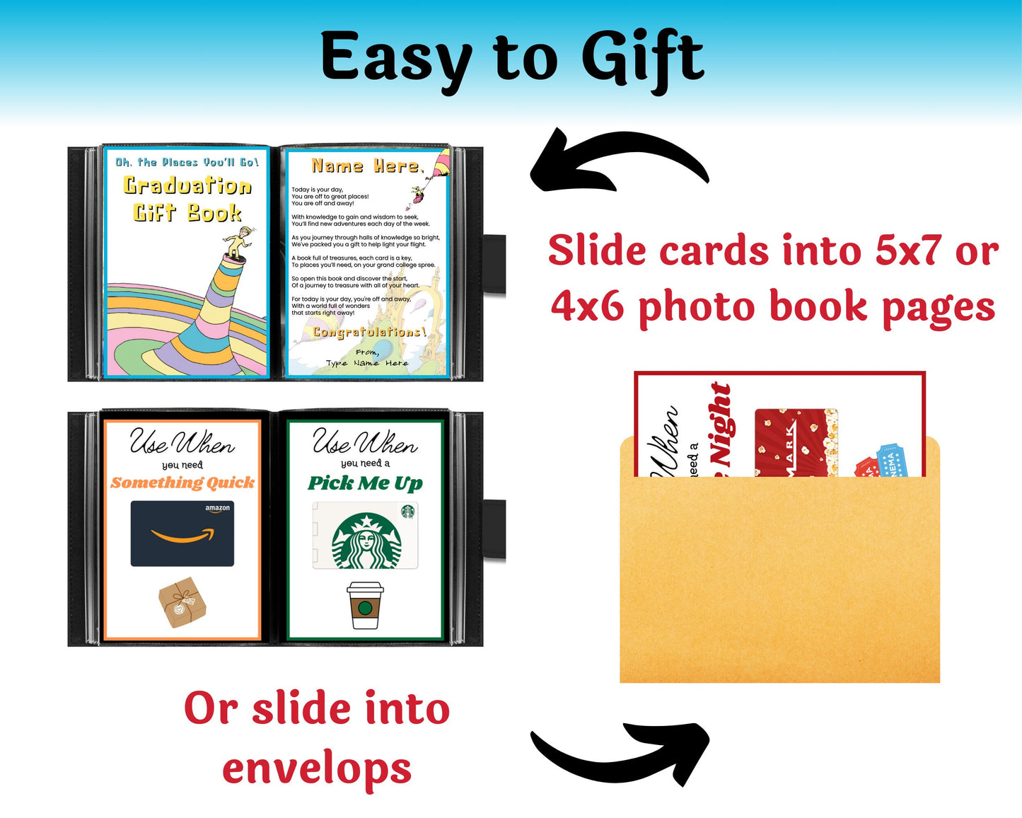 Editable Dr. Seuss Places You'll Go Graduation Gift Card Book  — Instant Download