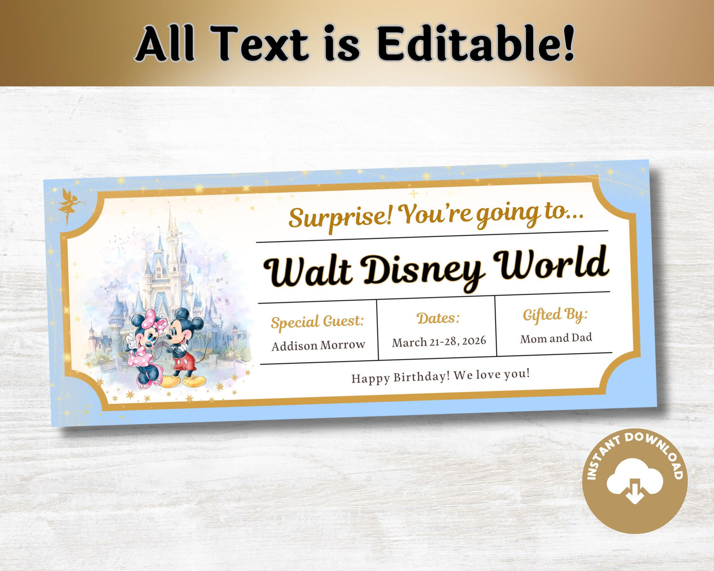 Editable Disney Trip Reveal Mickey and Minnie Theme Park Tickets