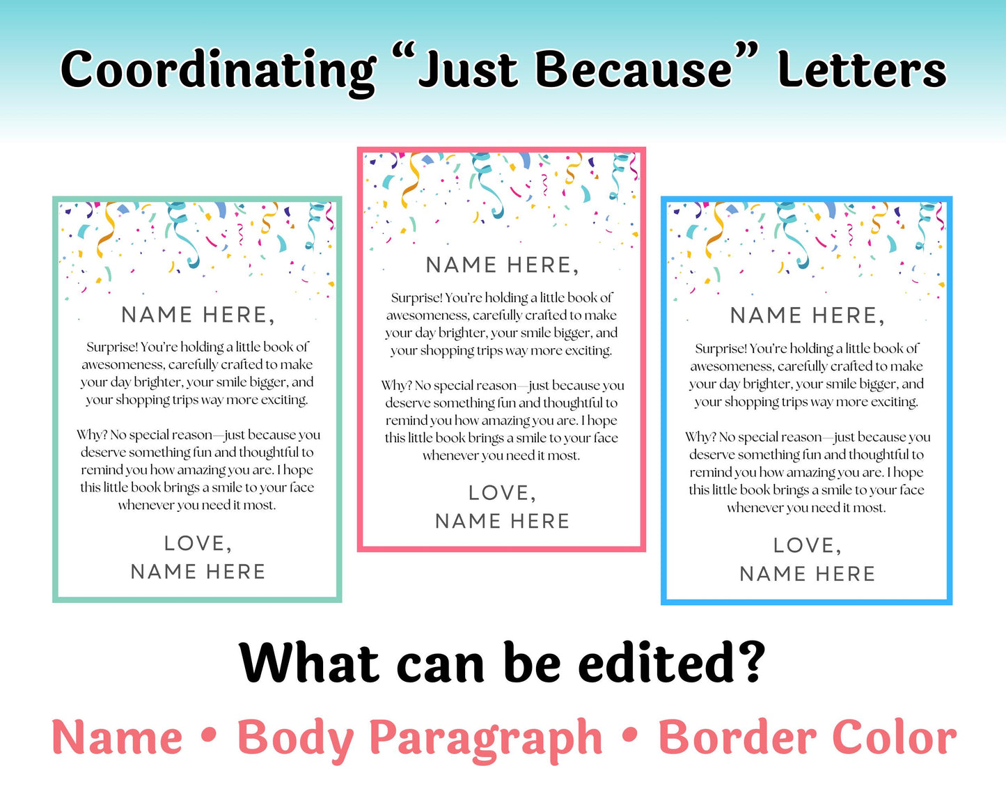 Cover letter for 'Just Because' cards with customizable text on a blue background.