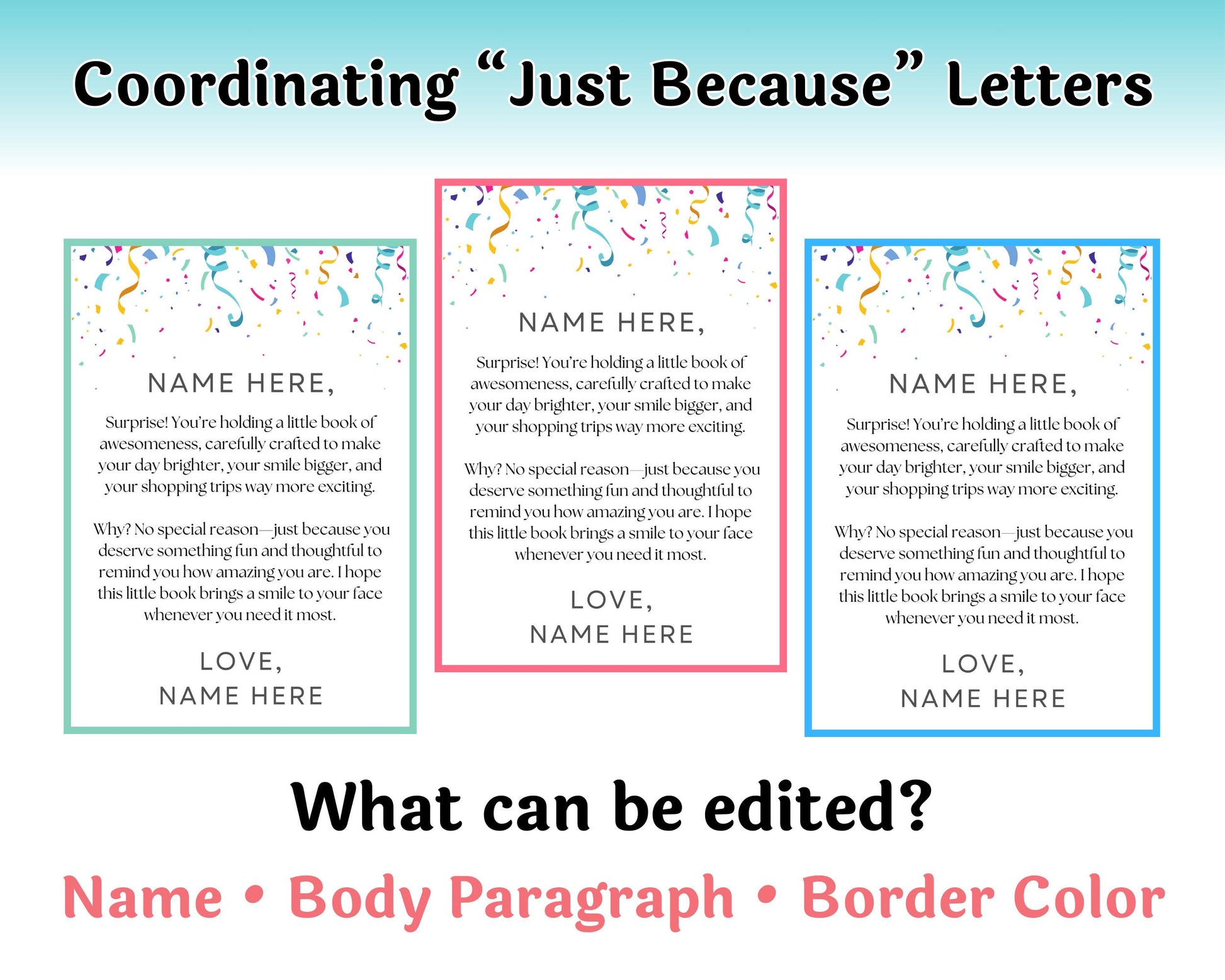 Cover letter for 'Just Because' cards with customizable text on a blue background.