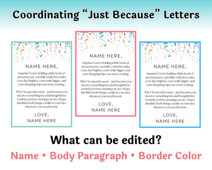 Cover letter for 'Just Because' cards with customizable text on a blue background.