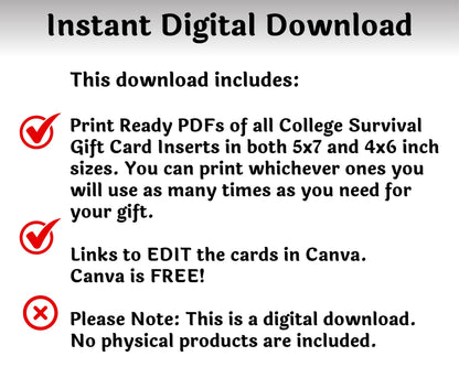 Editable College Survival Gift Card Book Gift for College Students — Instant Download