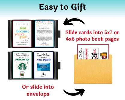 Product packaging with text indicating the use of slide cards for photo books or envelopes.