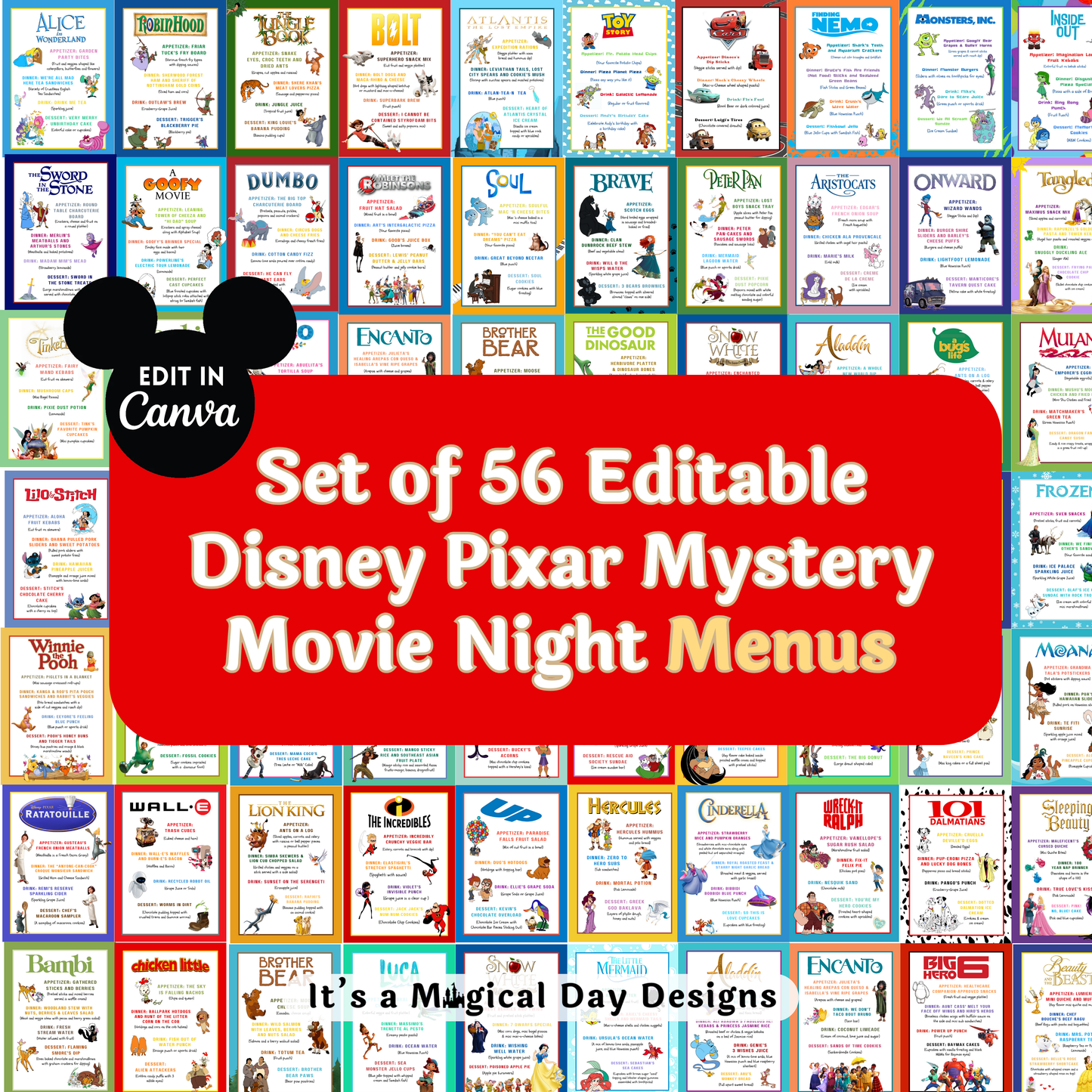 Animated Disney Classics Dinner and a Movie Night Menus Set of 56 Unique Movie Menus