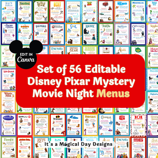 Animated Disney Classics Dinner and a Movie Night Menus Set of 56 Unique Movie Menus