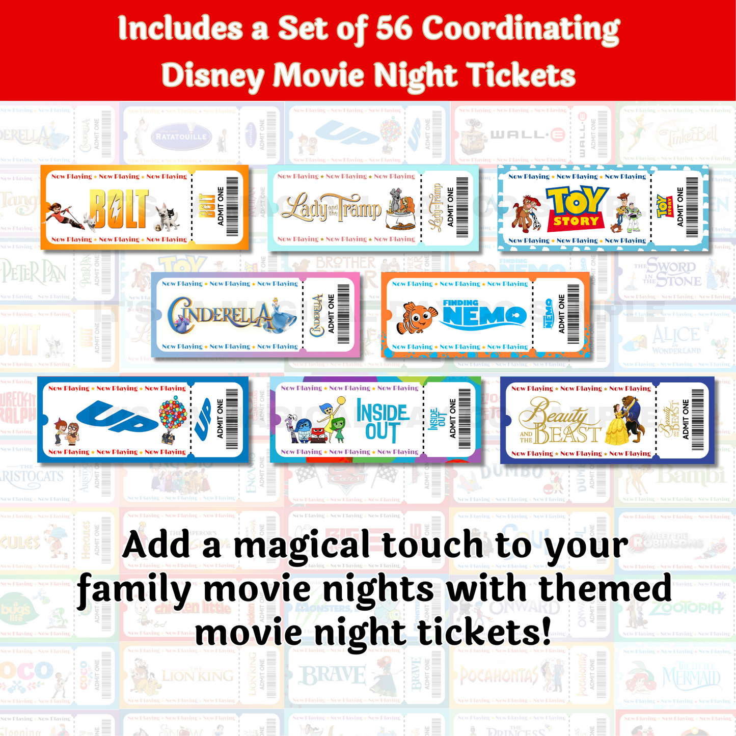 Disney Dinner and a Movie Night Menus and Movie Tickets Set of 56 Unique Disney Movies