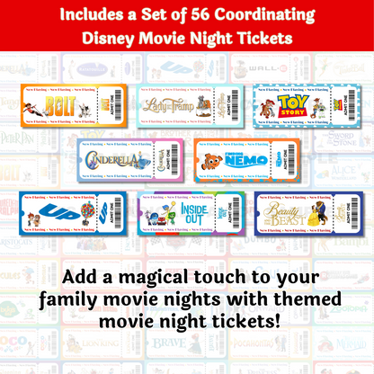 Disney Dinner and a Movie Night Menus and Movie Tickets Set of 56 Unique Disney Movies