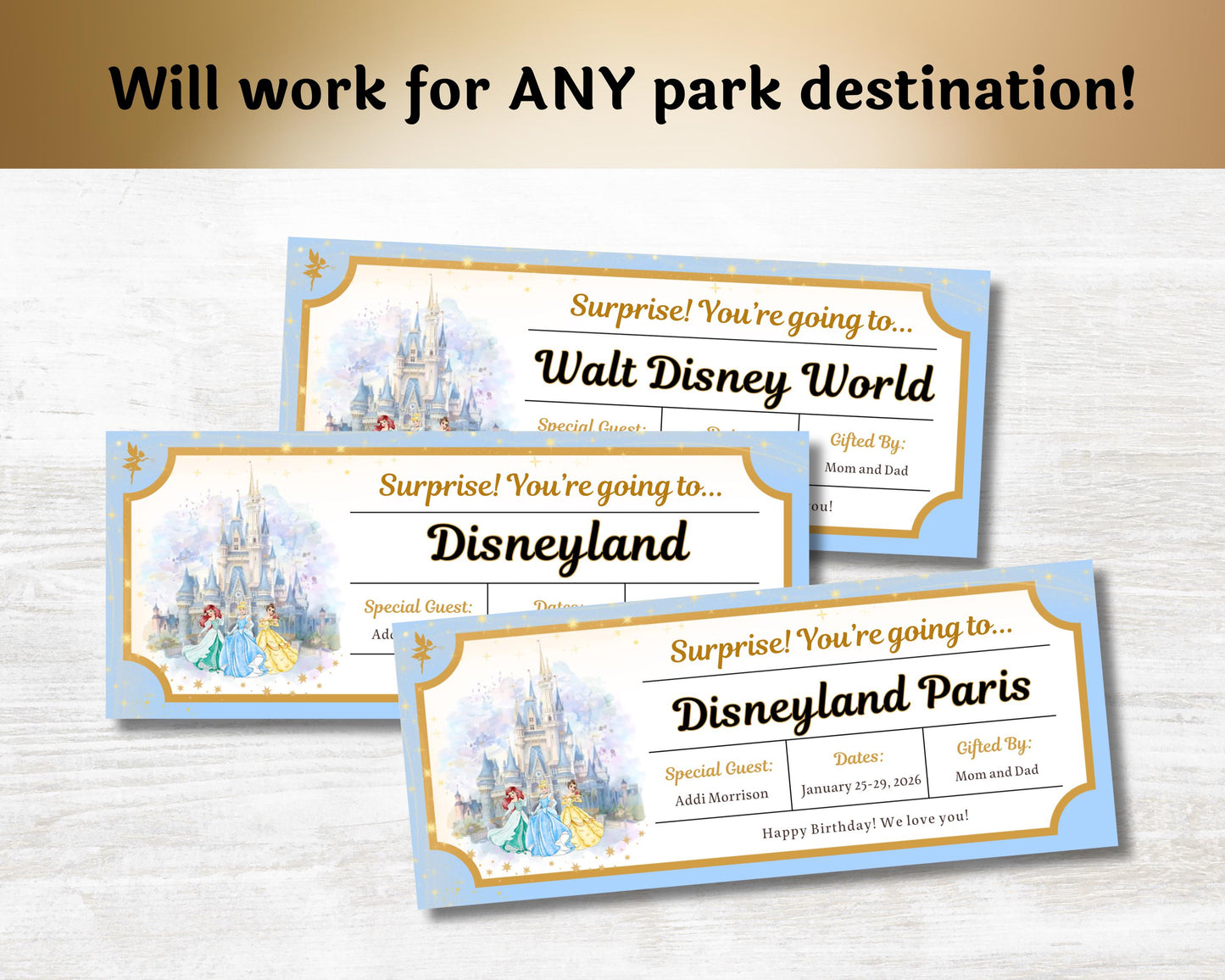 Editable Disney Princess Trip Reveal Theme Park Tickets