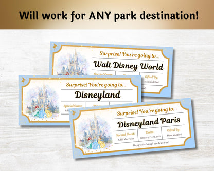 Editable Disney Princess Trip Reveal Theme Park Tickets