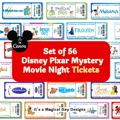 Animated Disney Classics Mystery Movie Night Tickets Set of 56 Unique Movie Night Tickets
