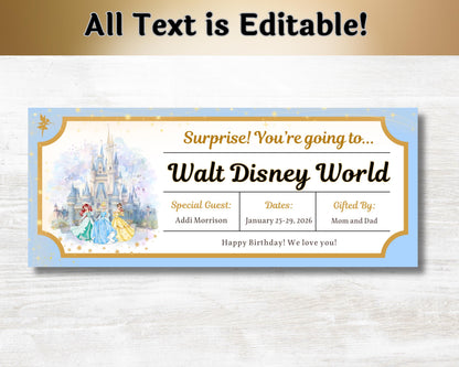 Editable Disney Princess Trip Reveal Theme Park Tickets