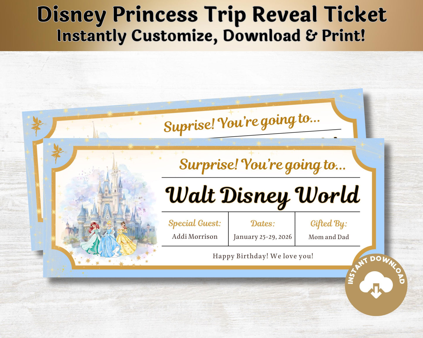 Editable Disney Princess Trip Reveal Theme Park Tickets