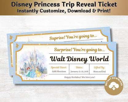 Editable Disney Princess Trip Reveal Theme Park Tickets