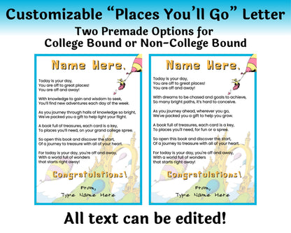 Editable Dr. Seuss Places You'll Go Graduation Gift Card Book  — Instant Download
