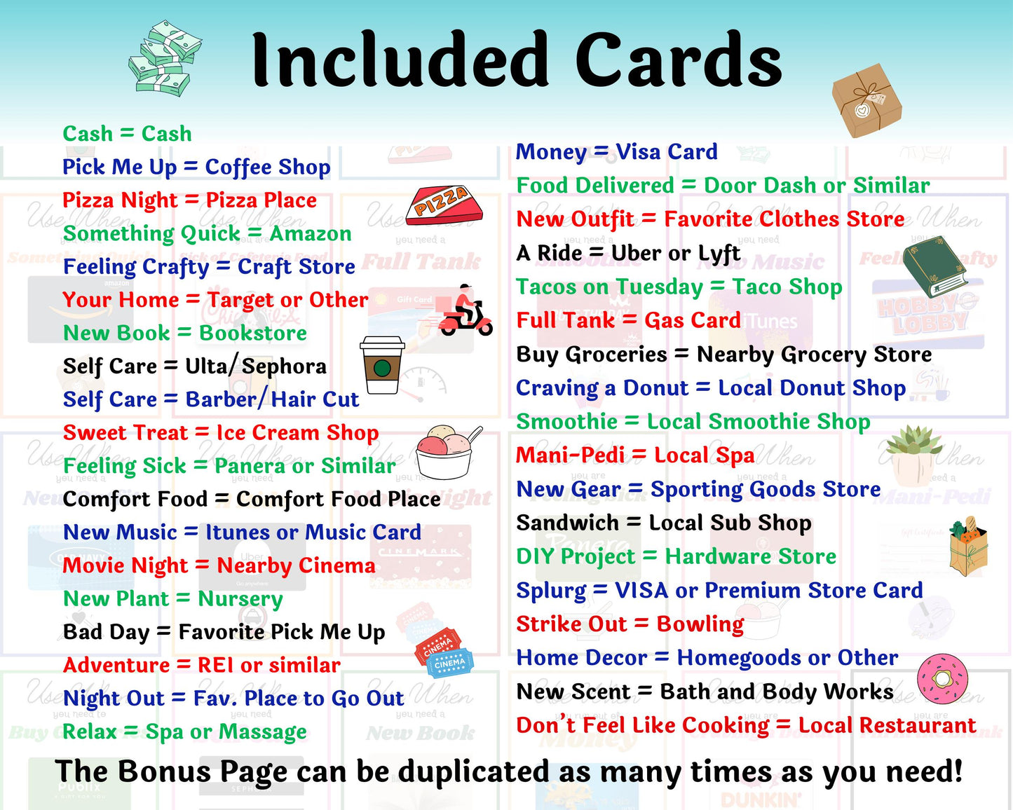 List of included cards with various services and products on a blue background