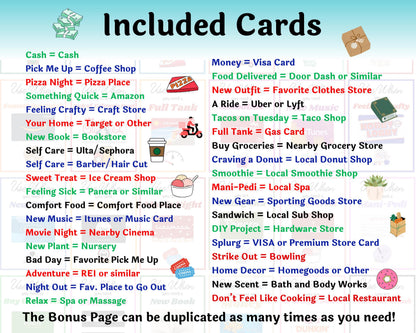 List of included cards with various services and products on a blue background