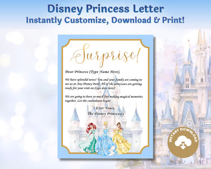Editable Disney Princess Trip Reveal Letter