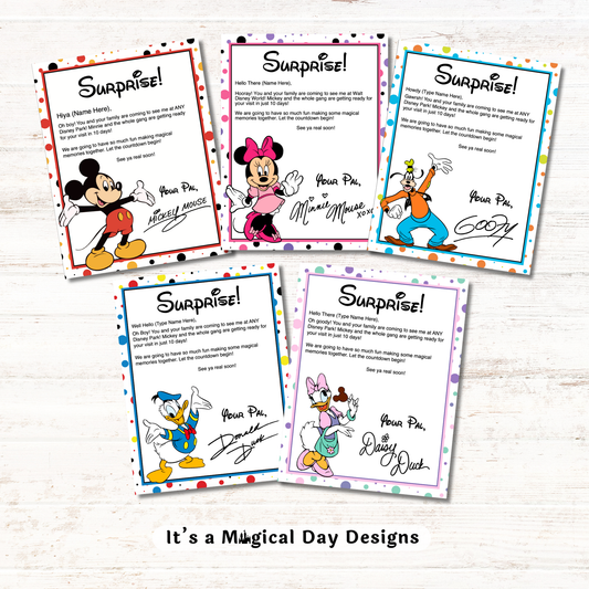 Editable Disney Trip Reveal Letters from Mickey Minnie Donald Daisy and Goofy
