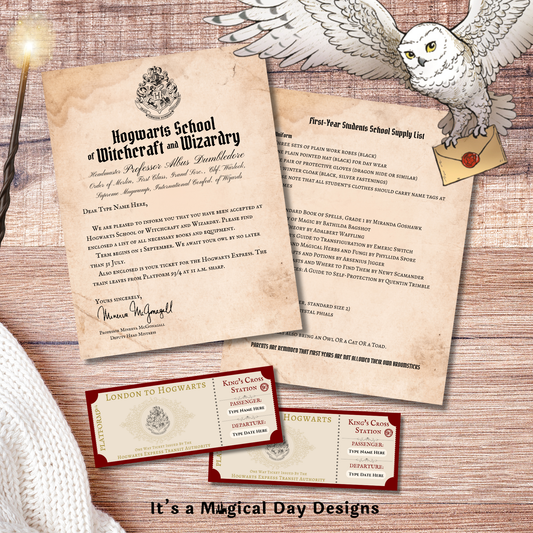 Editable Wizard School Acceptance Letter and Train Ticket Universal Trip Reveal Bundle