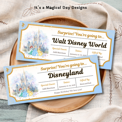 Editable Disney Princess Trip Reveal Theme Park Tickets