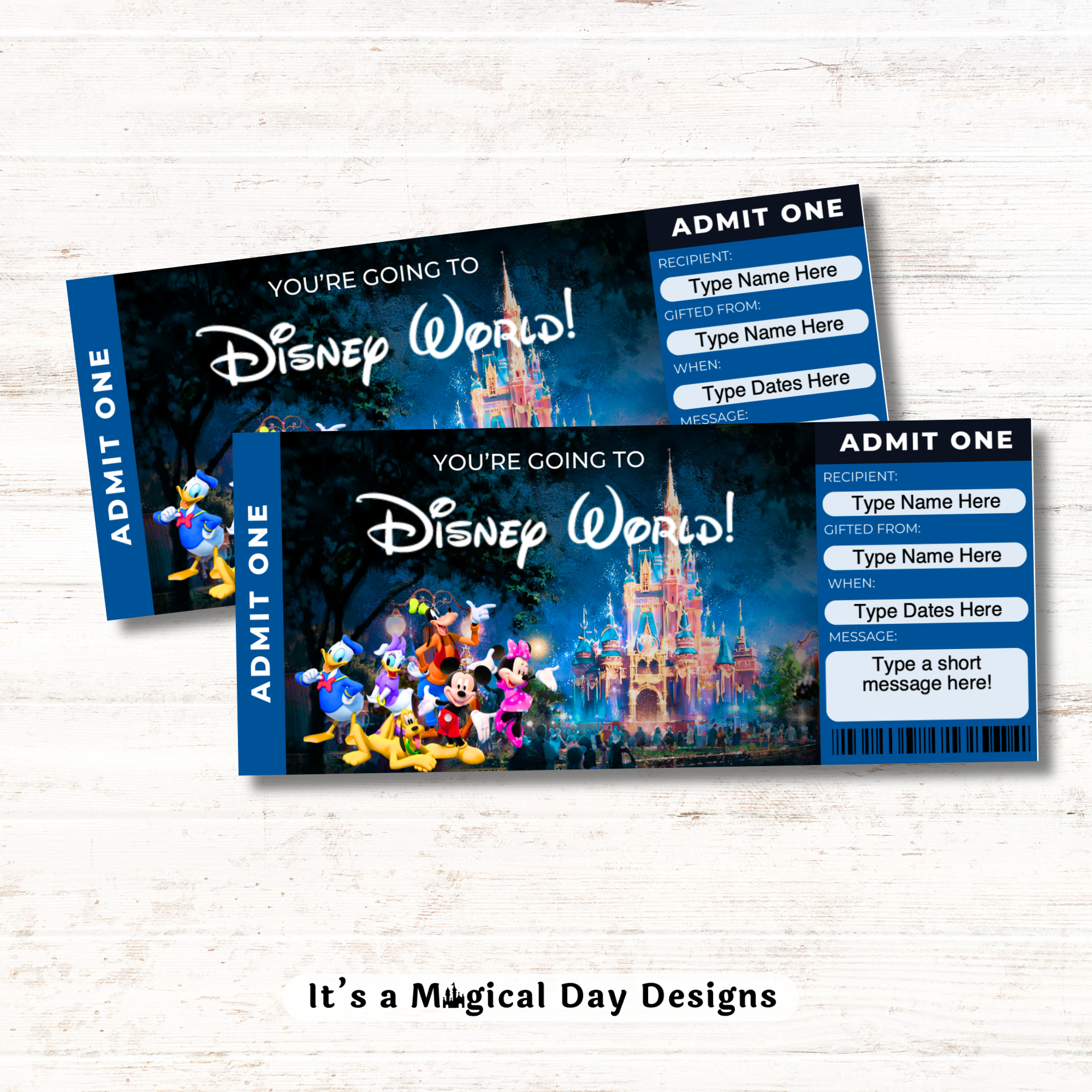 Editable Disney World Mickey and Friends Theme Park Surprise Ticket ...