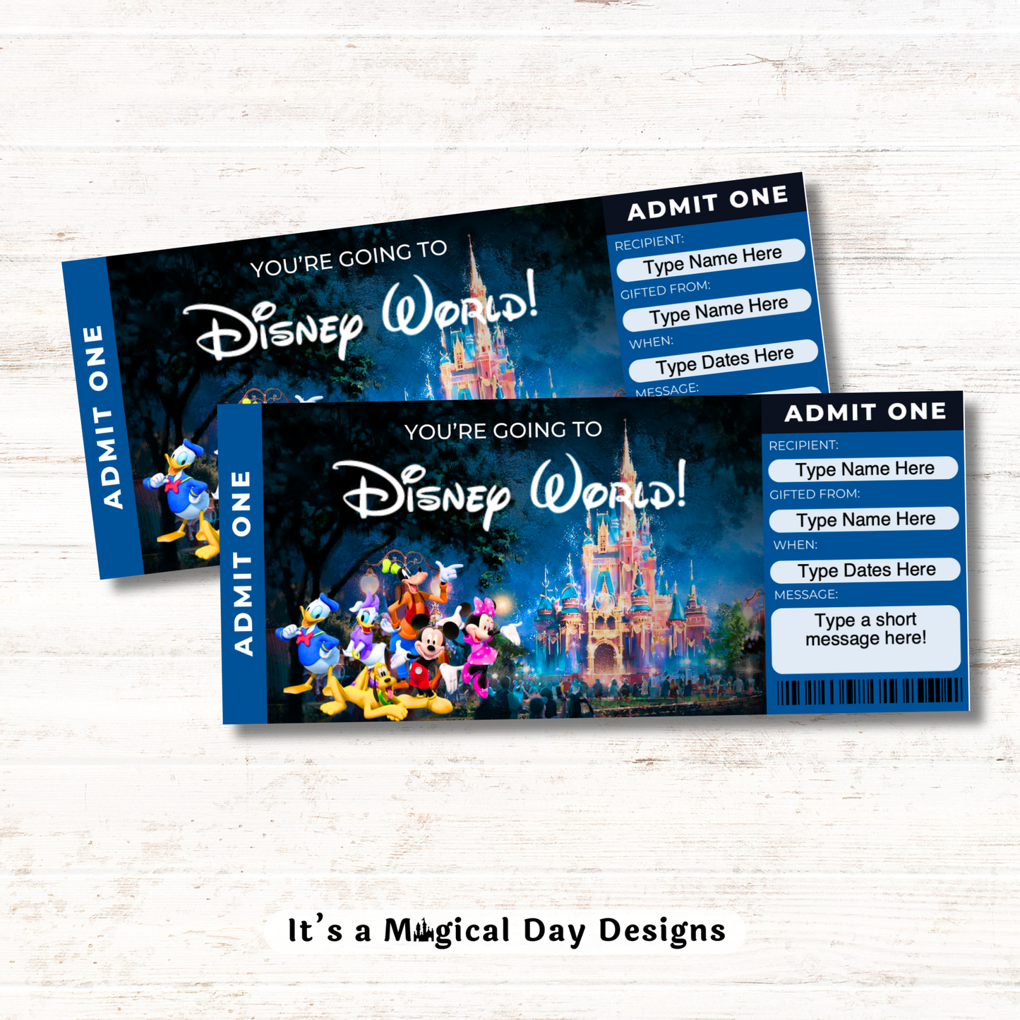 Editable Disney World Mickey and Friends Theme Park Surprise Ticket