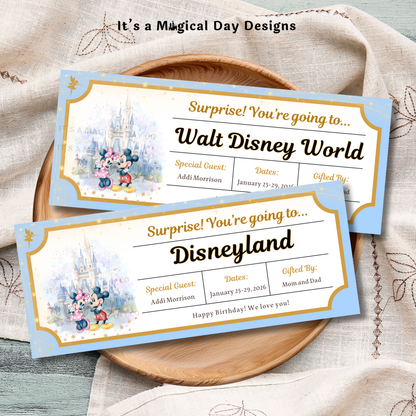 Editable Disney Trip Reveal Mickey and Minnie Theme Park Tickets