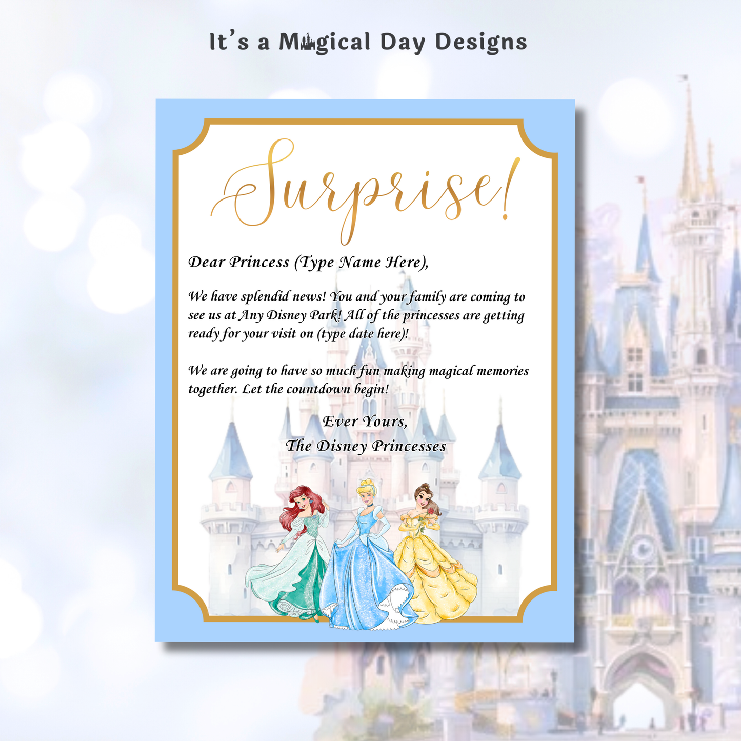Editable Disney Princess Trip Reveal Letter