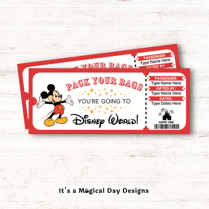 Editable Disney World Mickey Theme Park Surprise Ticket
