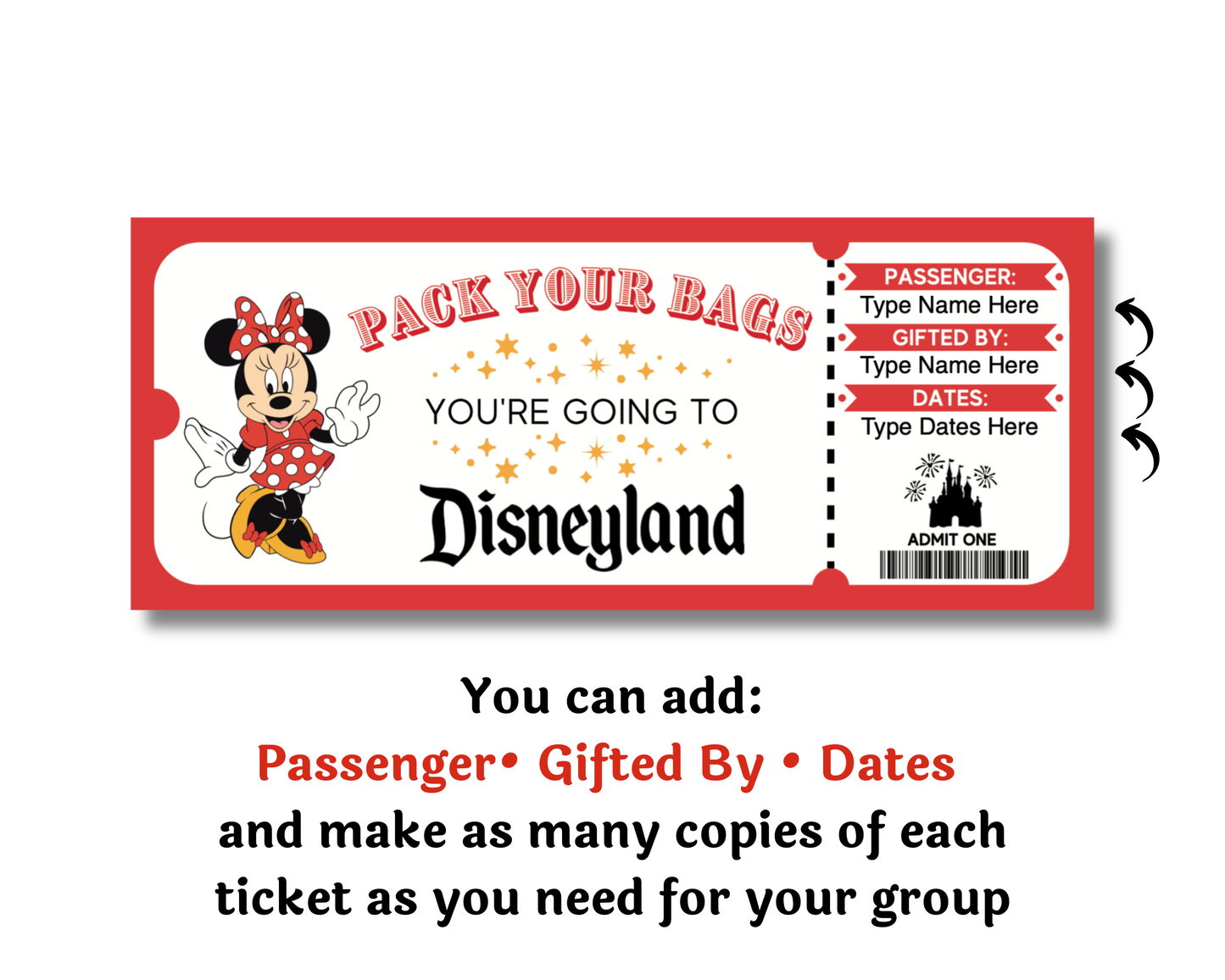 Editable Disneyland Minnie Theme Park Surprise Ticket