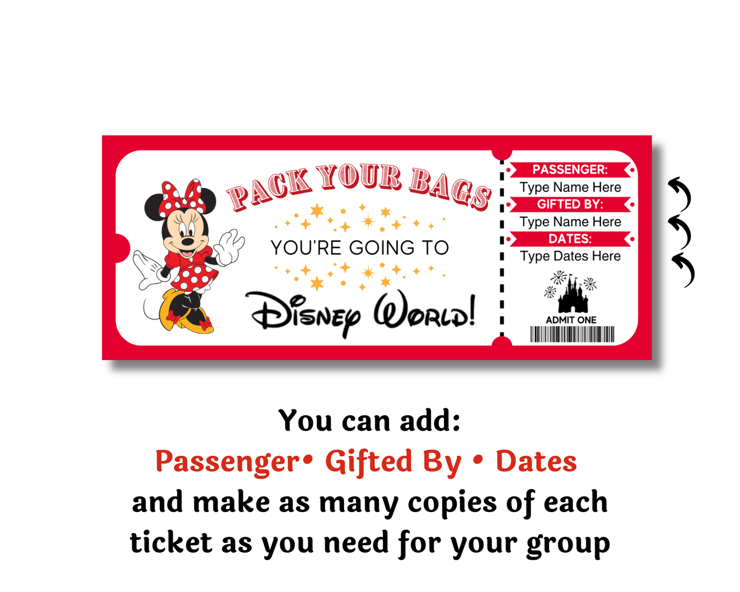 Editable Disney World Minnie Theme Park Surprise Ticket