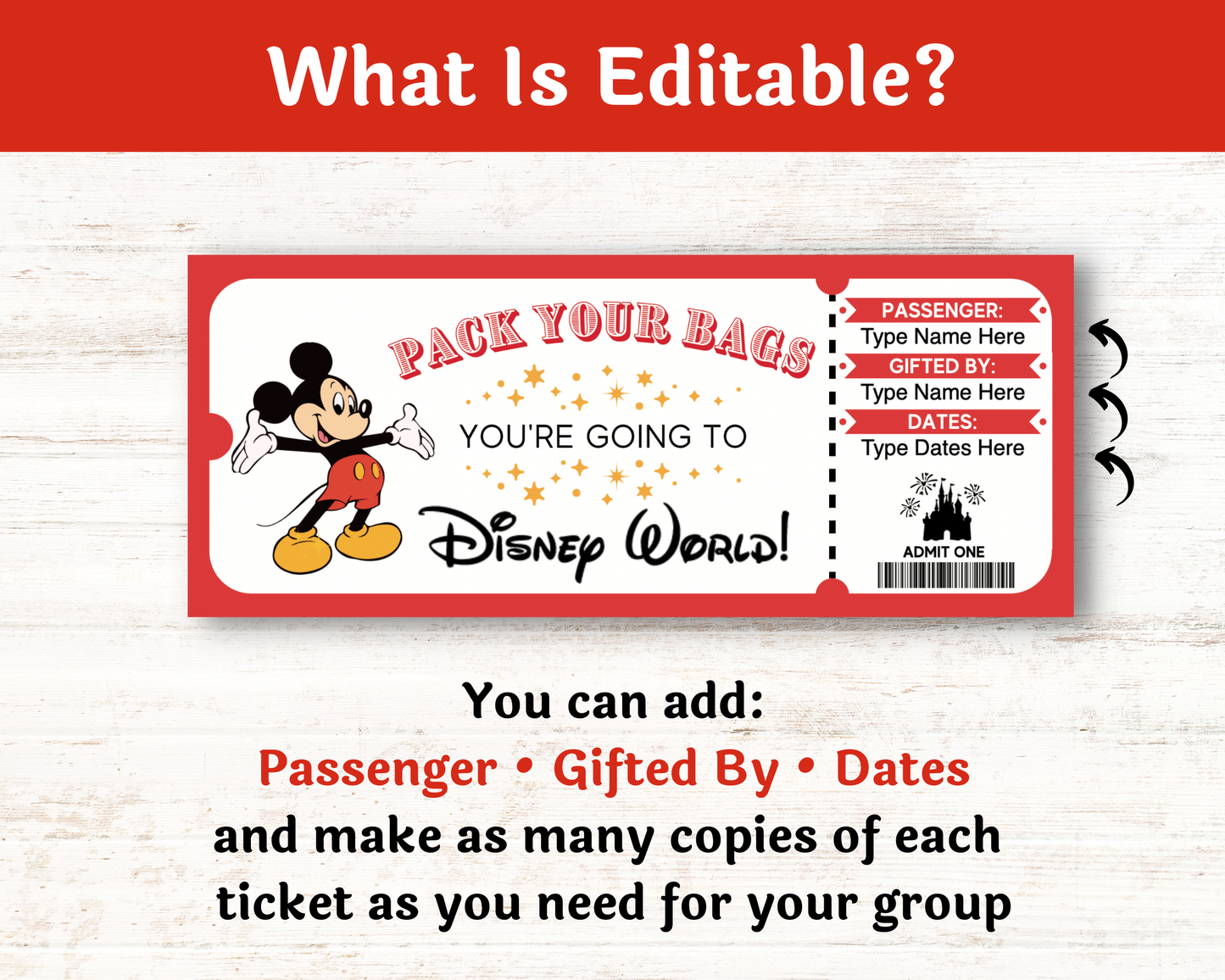 Editable Disney World Mickey Theme Park Surprise Ticket