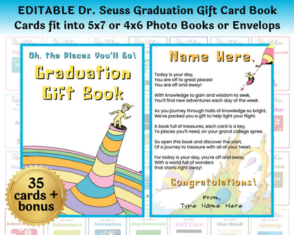 Editable Dr. Seuss Places You'll Go Graduation Gift Card Book  — Instant Download