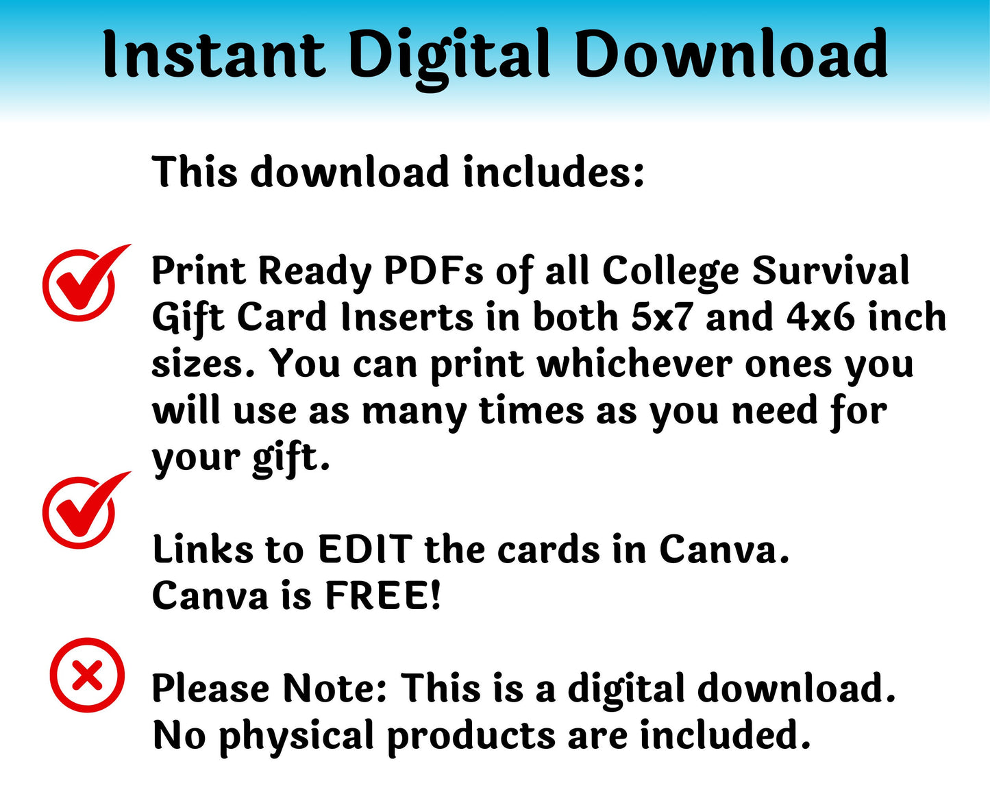 Editable College Survival Gift Card Book for Students — Instant Download