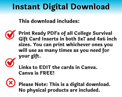 Editable College Survival Gift Card Book for Students — Instant Download