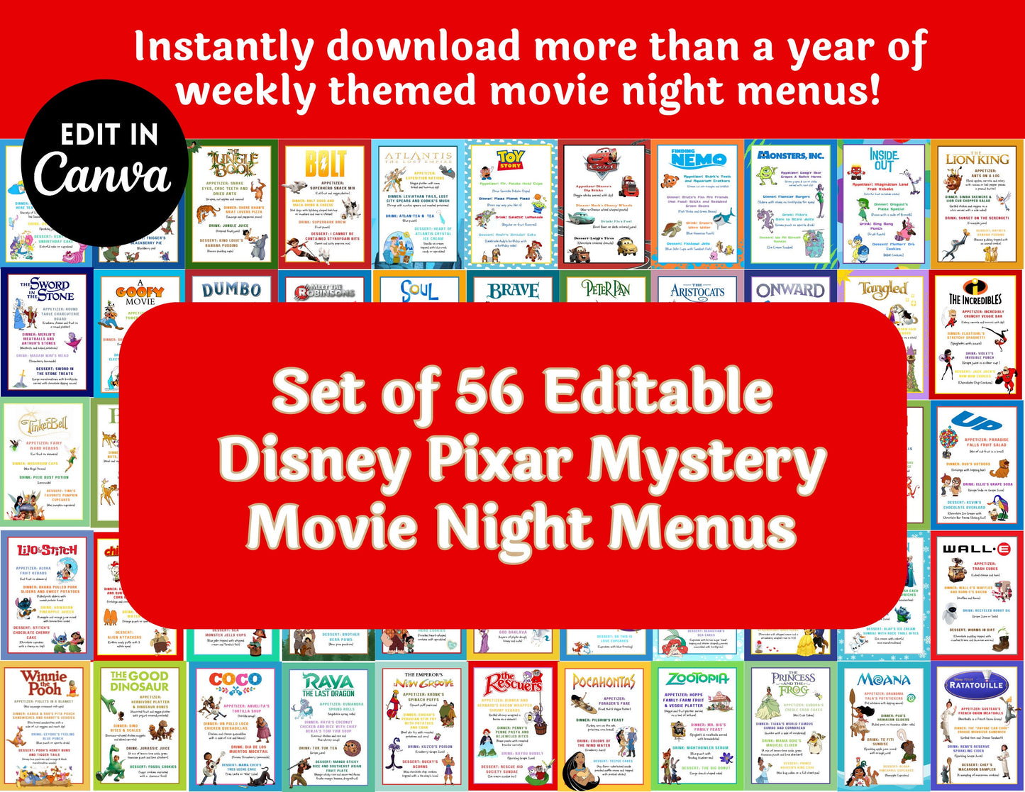 Animated Disney Classics Dinner and a Movie Night Menus Set of 56 Unique Movie Menus
