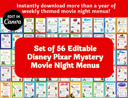 Animated Disney Classics Dinner and a Movie Night Menus Set of 56 Unique Movie Menus