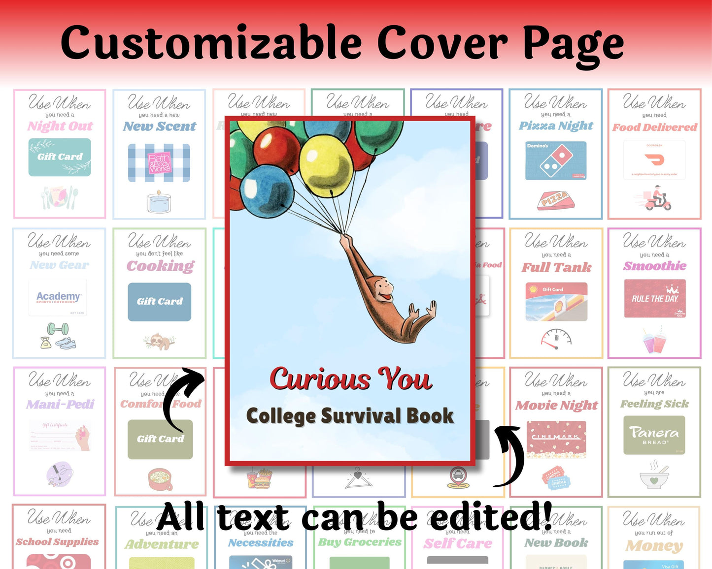 Editable Curious You College Survival Gift Card Book — Instant Download