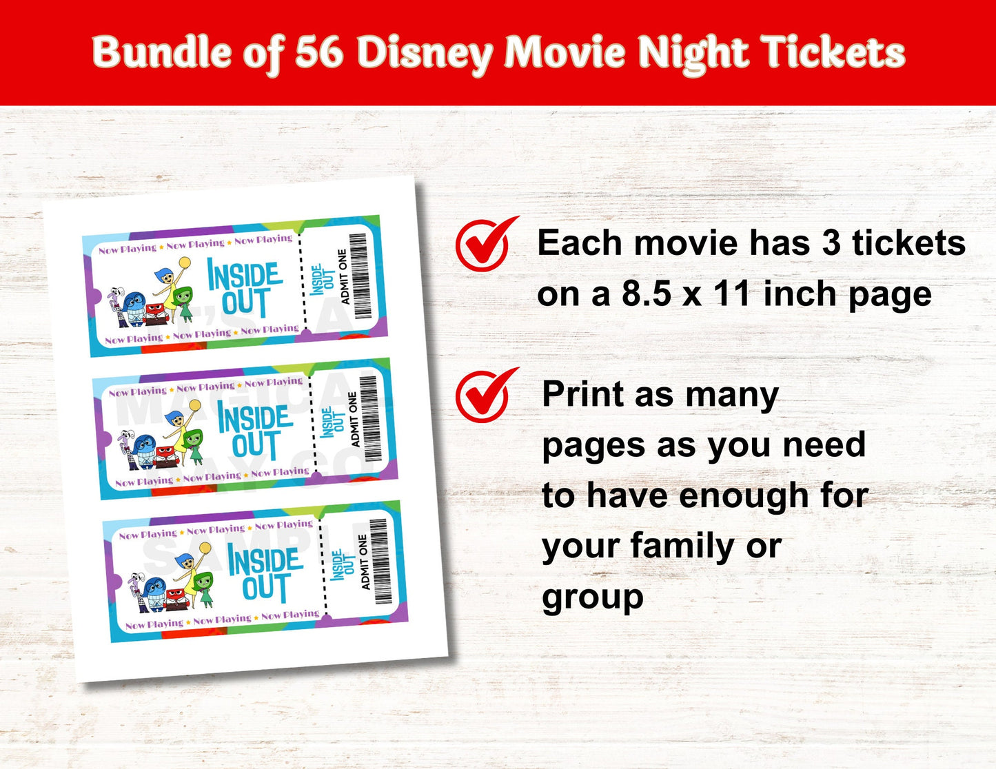 Animated Disney Classics Mystery Movie Night Tickets Set of 56 Unique Movie Night Tickets